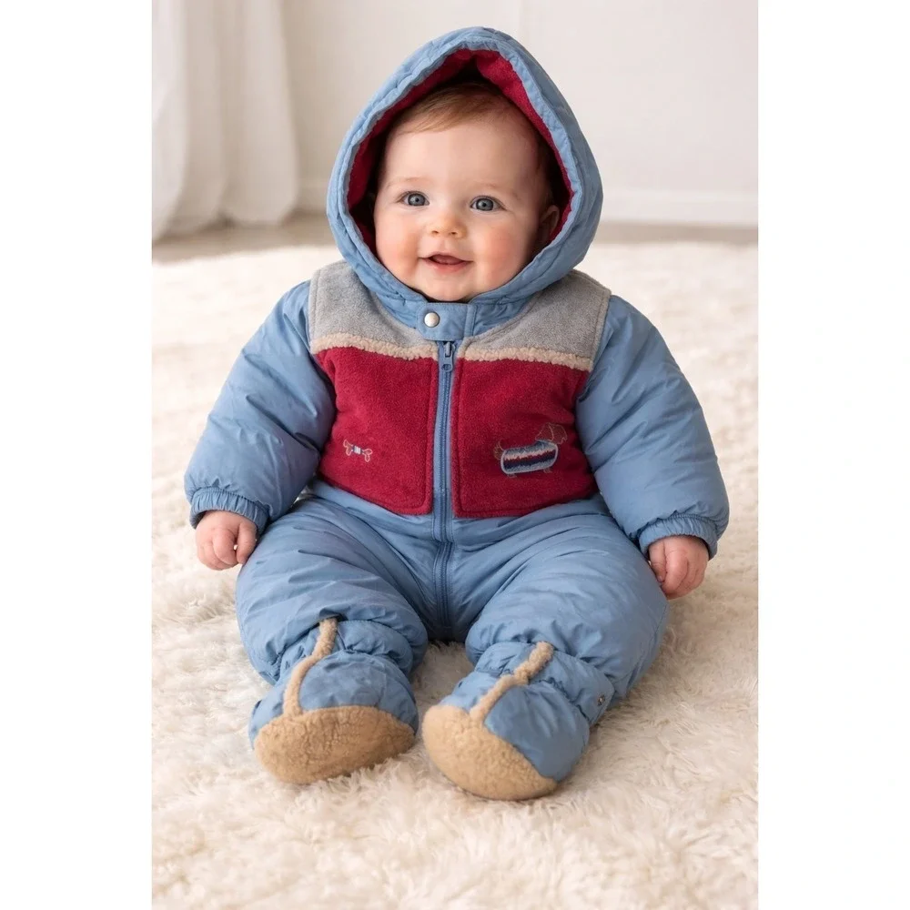 Vintage Baby Beginnings‎ Snowsuit Boys Blue 12 Month Puppy Vest Booties Thick